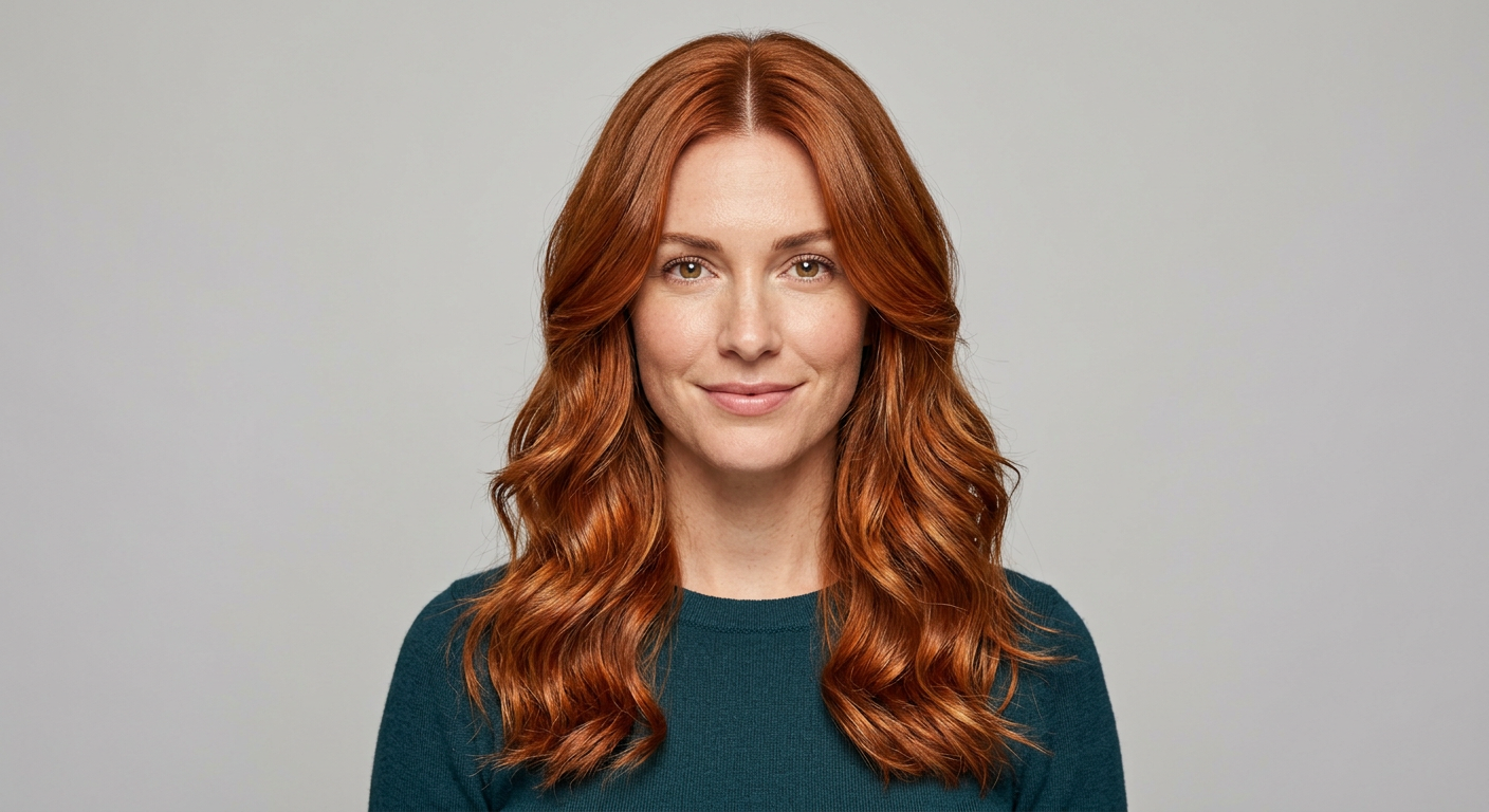 Front view of long copper hair styled in defined waves, with blended layers and shorter sections around the front.