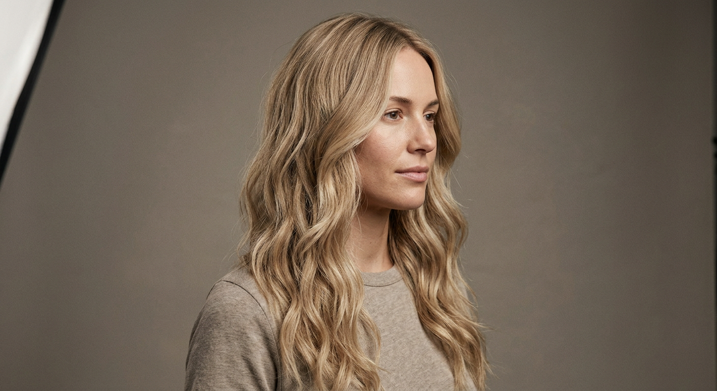 Long beige blonde hair with subtle layers, a center part and relaxed waves flowing through the lengths.
