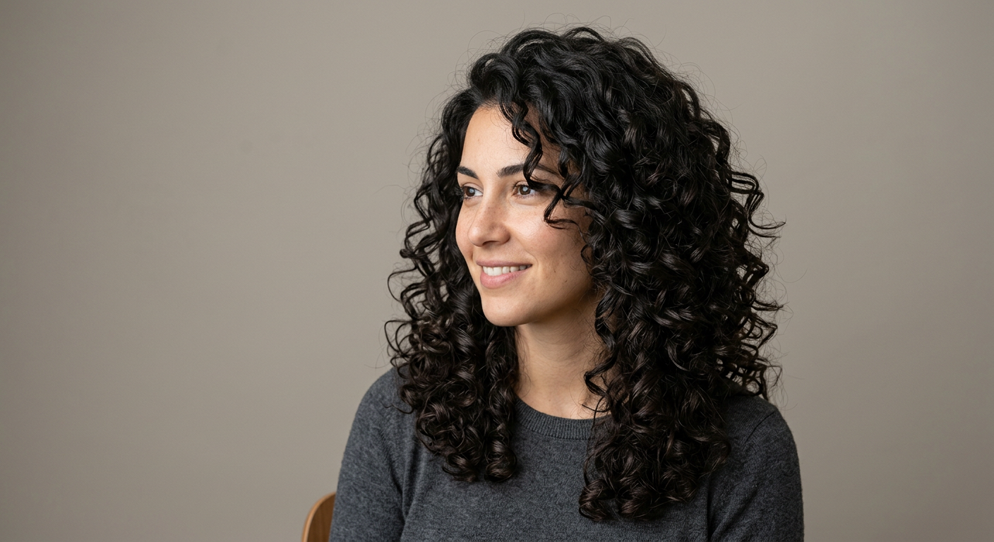 Long dark brunette hair in a layered cut with compact natural curls and shorter ringlets around the face.