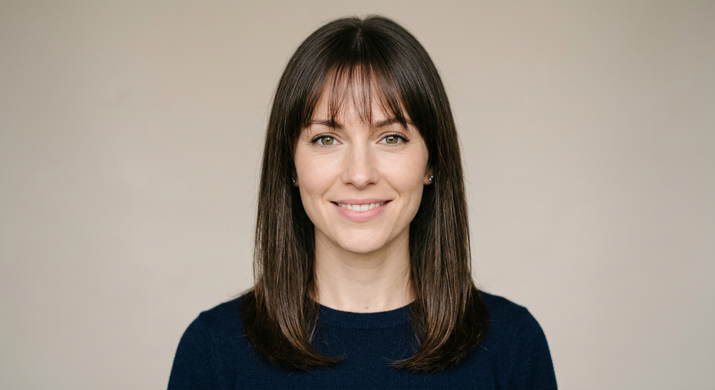 Front view of a wispy fringe with softly separated strands and straight, medium-length dark brown hair.