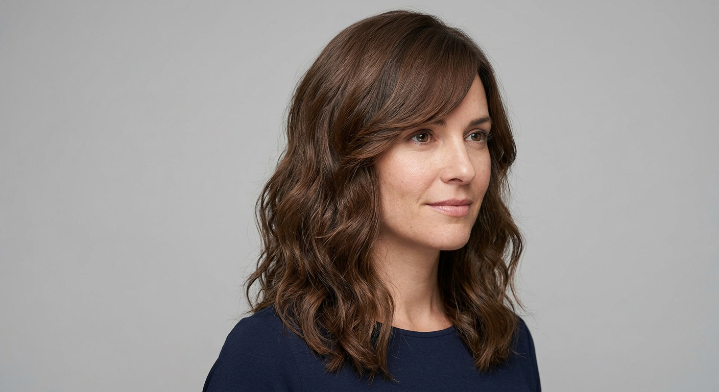 Medium-length wavy brunette hair with a smooth side-swept fringe and softly defined waves around the face.
