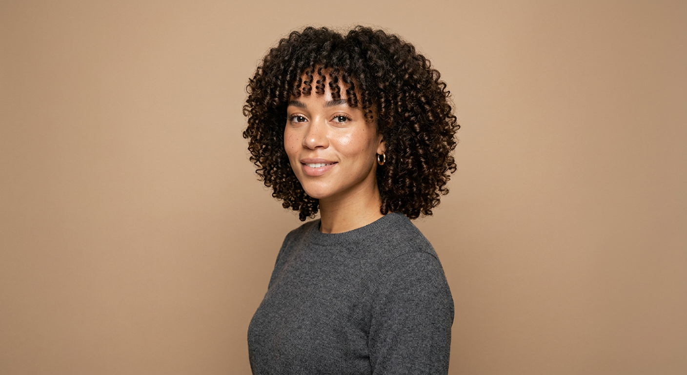 Medium-length dark brown curly hair with defined ringlet bangs, natural volume, and a softly rounded silhouette.