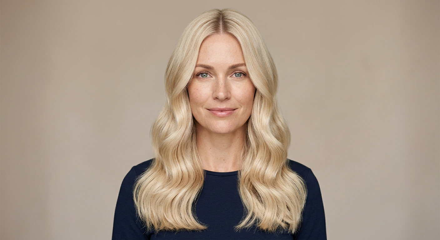 Long cream blonde hair with a center part, styled in soft, flowing waves that fall below the shoulders.