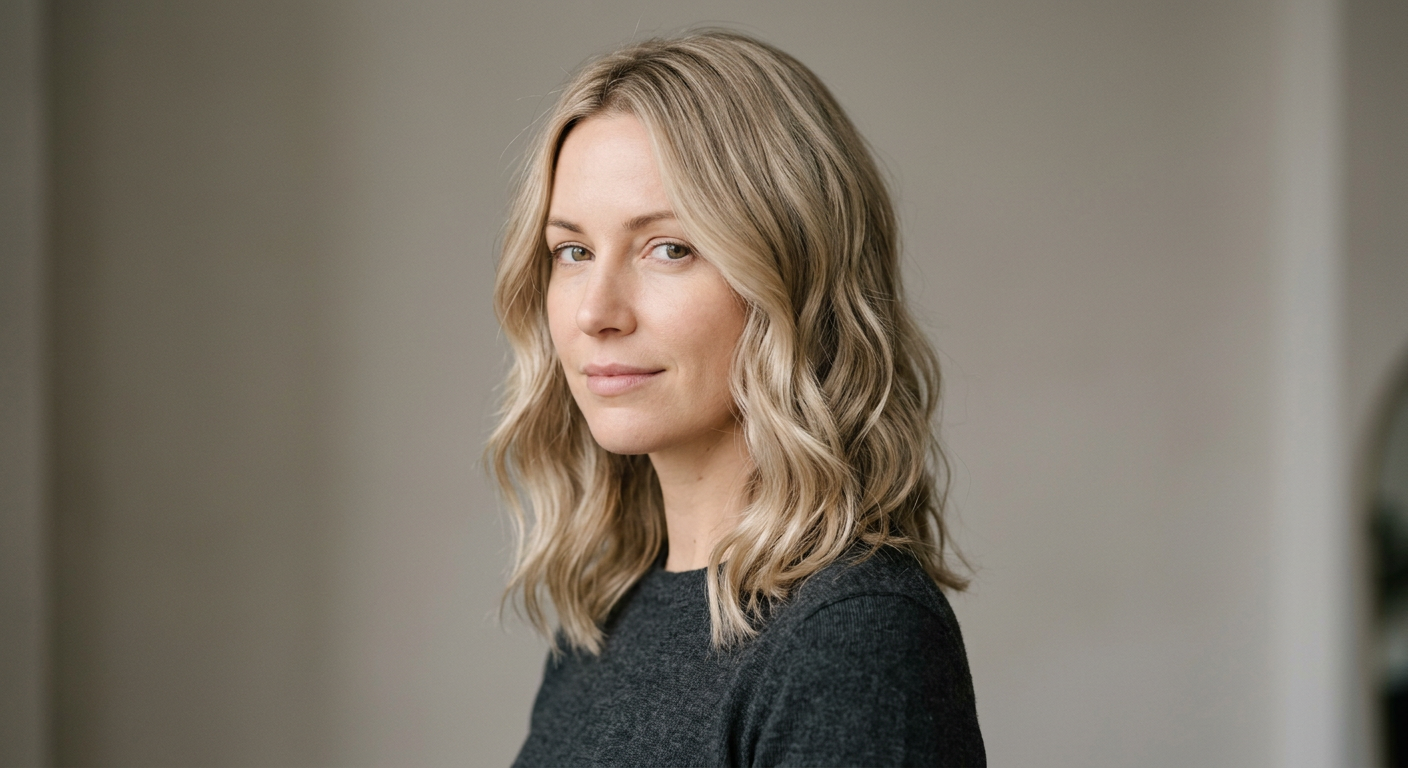 Medium-length beige blonde hair with darker-looking roots, a center part and defined loose waves around the shoulders.