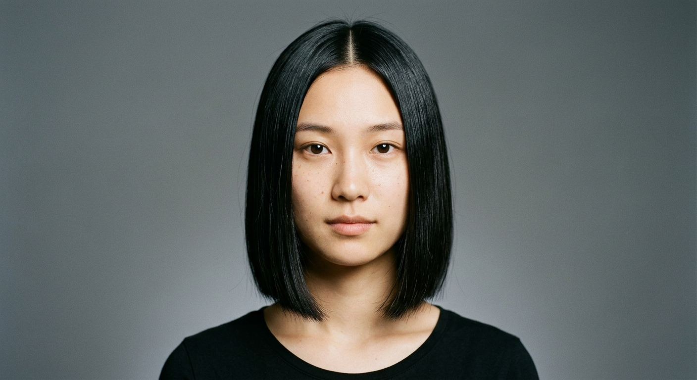 Front view of a short, straight black blunt bob with a center part, smooth finish, and clean minimalist silhouette.