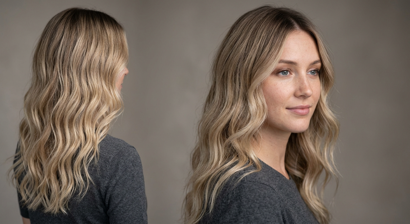 Two views of long beige blonde hair styled in defined waves, with darker roots creating soft contrast through the top.