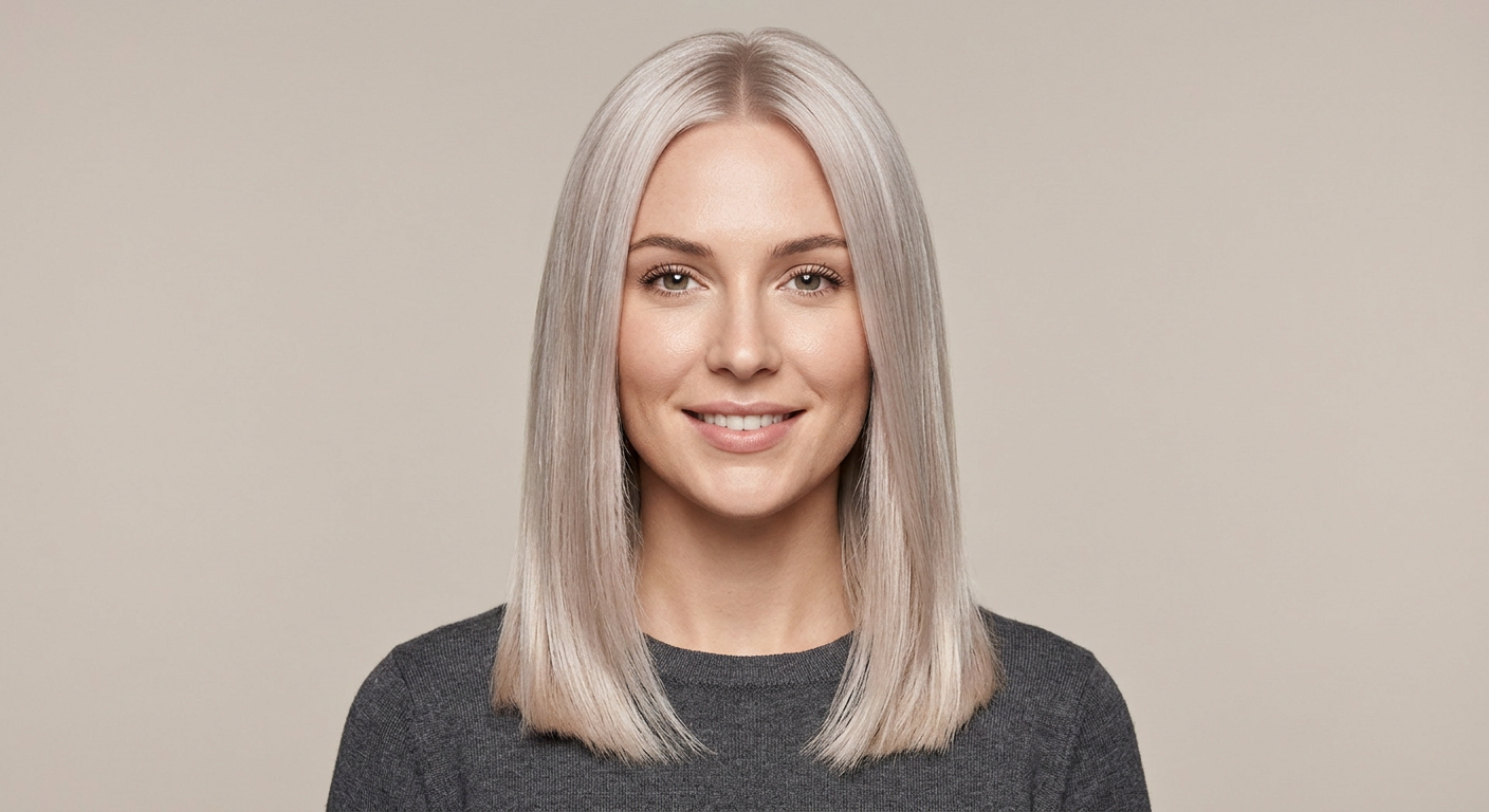 Front view of straight, medium-length pearl blonde hair with a center part, smooth texture and a clean line at the shoulders.