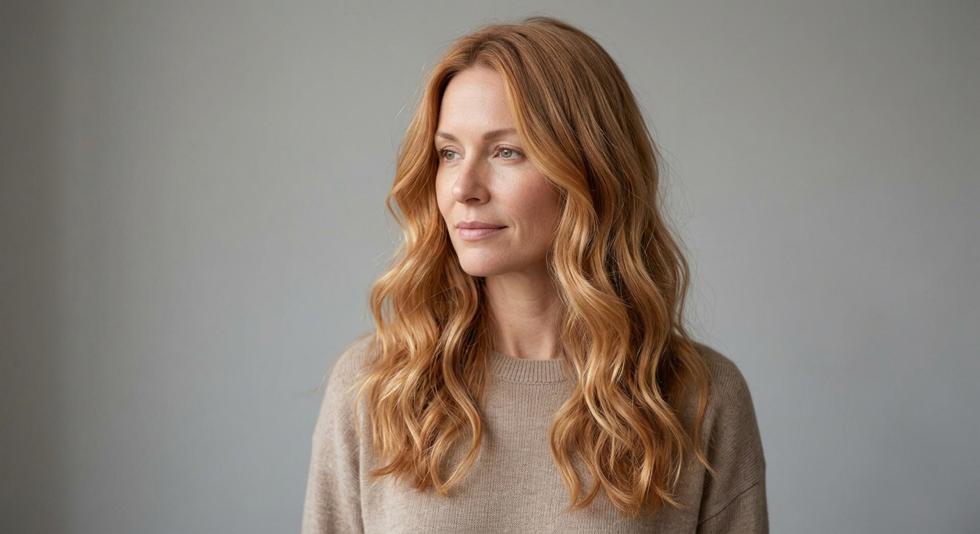 Long warm strawberry blonde hair worn loose with a center part and gentle waves through the lengths.