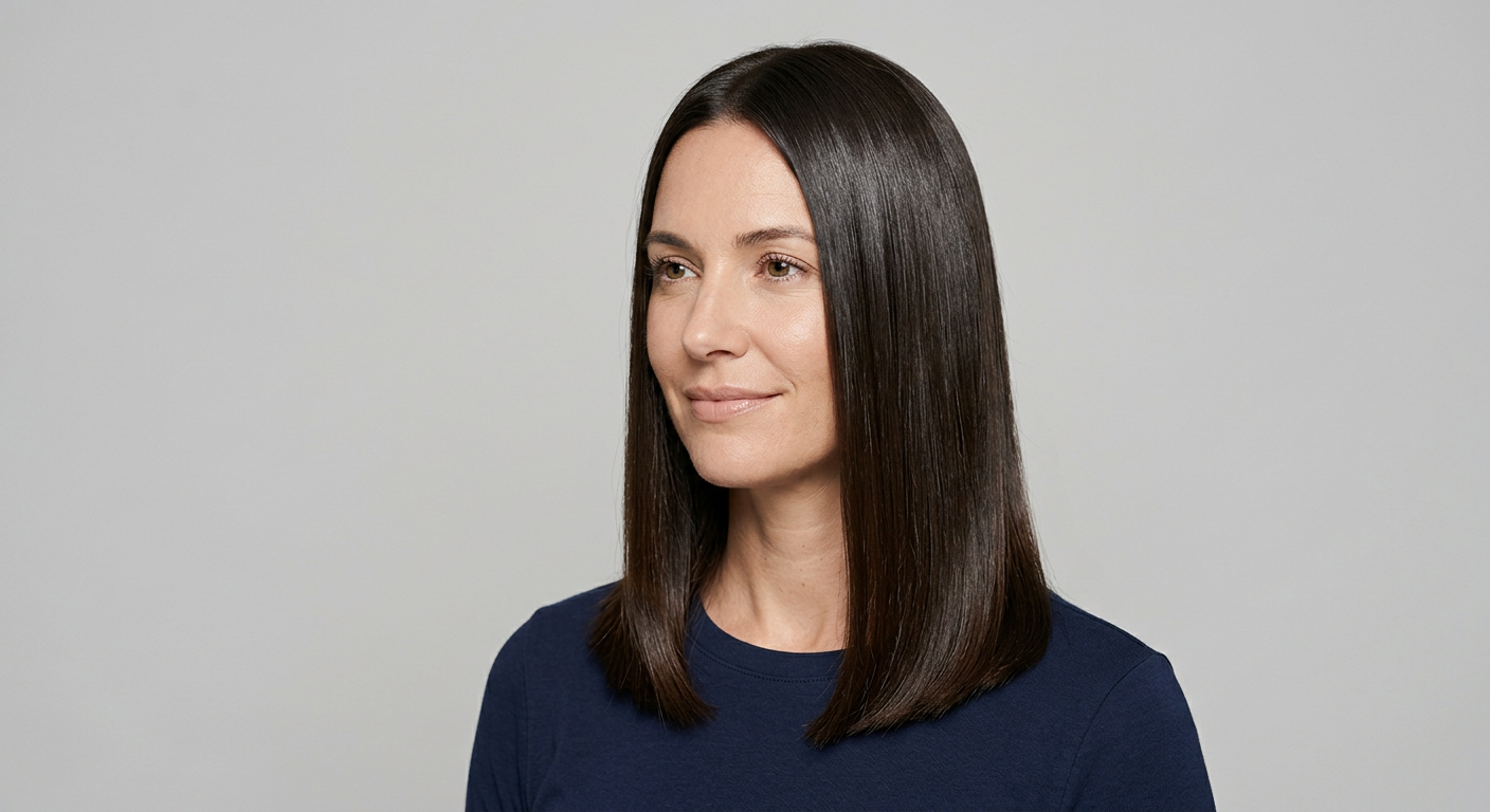 Medium-length straight espresso brunette hair with a center part, smooth texture, and an even glossy finish.