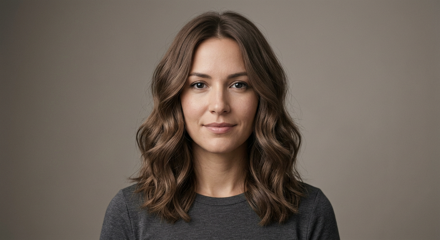 Front-view portrait showing medium-length mocha brown hair with a middle part and soft waves resting around the shoulders.