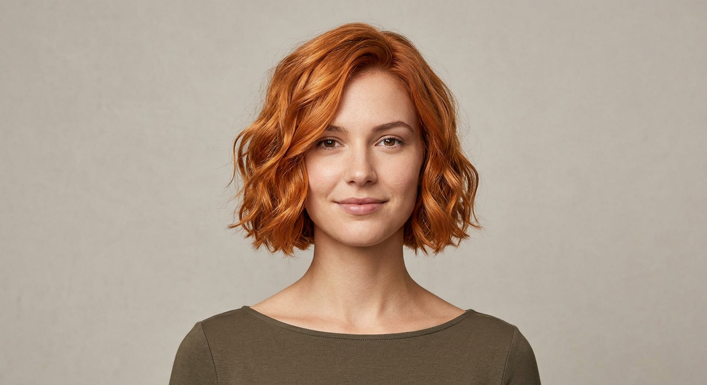 Front view of a chin-length copper bob styled with soft defined waves, a side part and gentle volume at the roots.