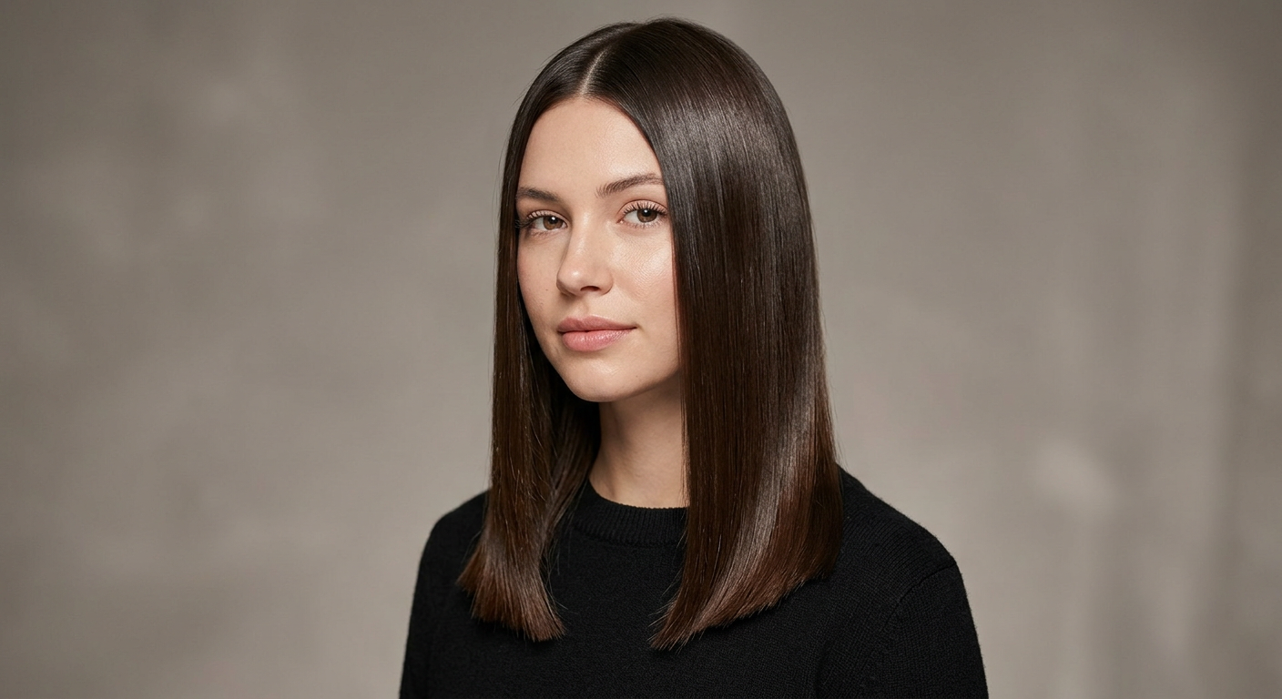 Long, straight dark chocolate hair styled with a defined center part, a smooth glossy surface, and neat, even ends.