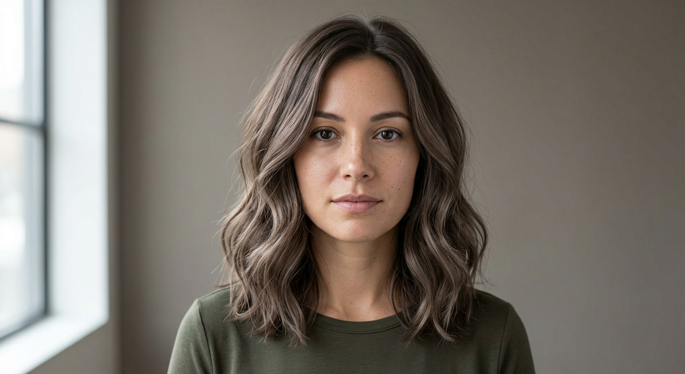 Medium-length mushroom brown hair styled with a center part and loose, softly defined waves.