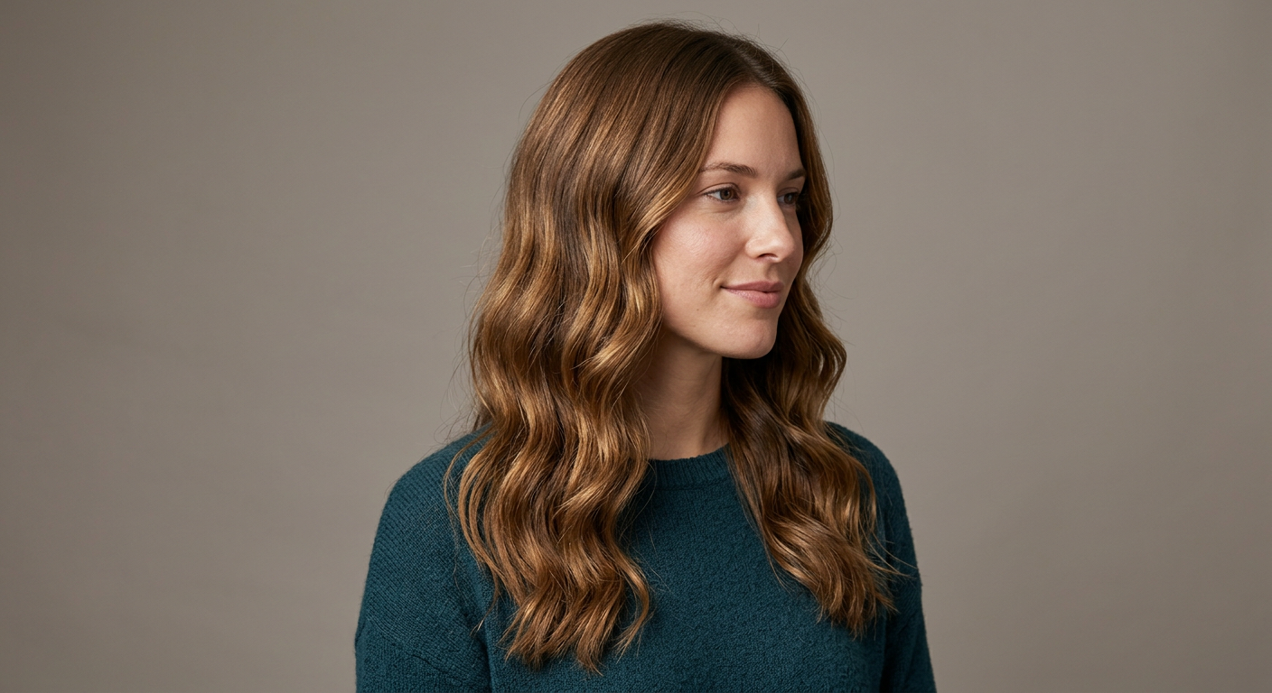Portrait showing long warm brown hair styled in soft natural waves with a middle part and subtle tonal dimension.