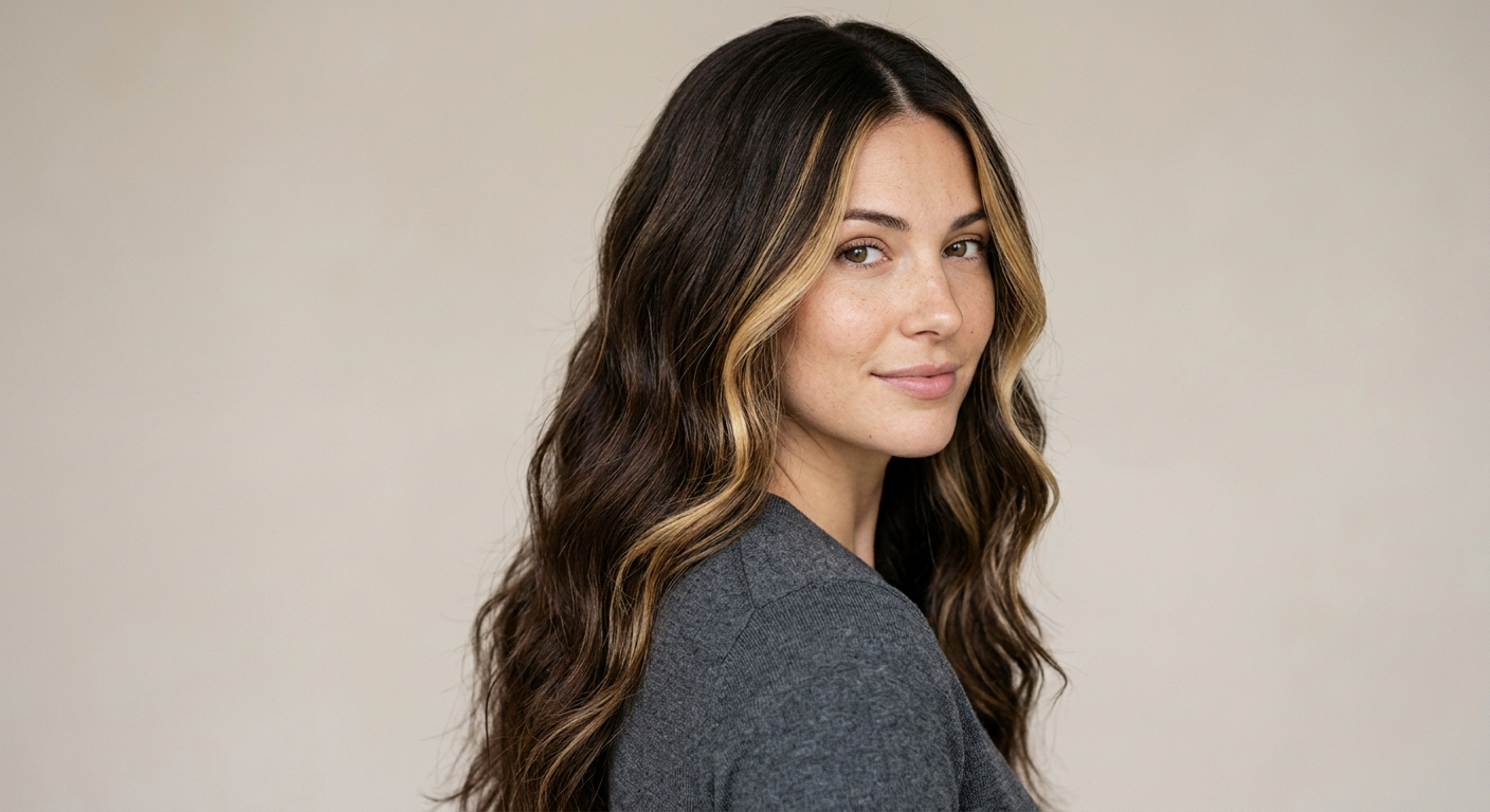 Long wavy deep brunette hair with a center part, lighter face-framing pieces and dimensional strands through the lengths.
