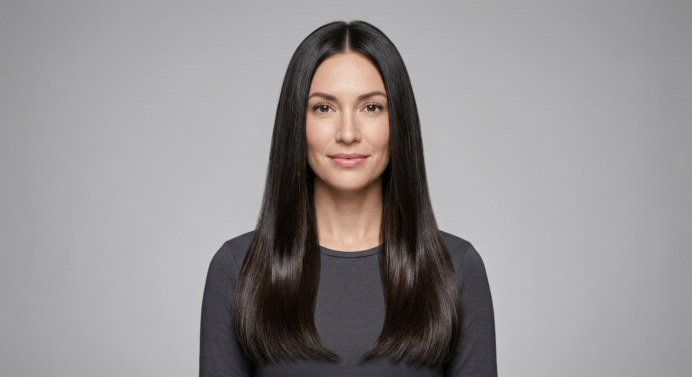 Long, straight black-brown hair below the shoulders, styled with a center part, smooth texture and a glossy finish.