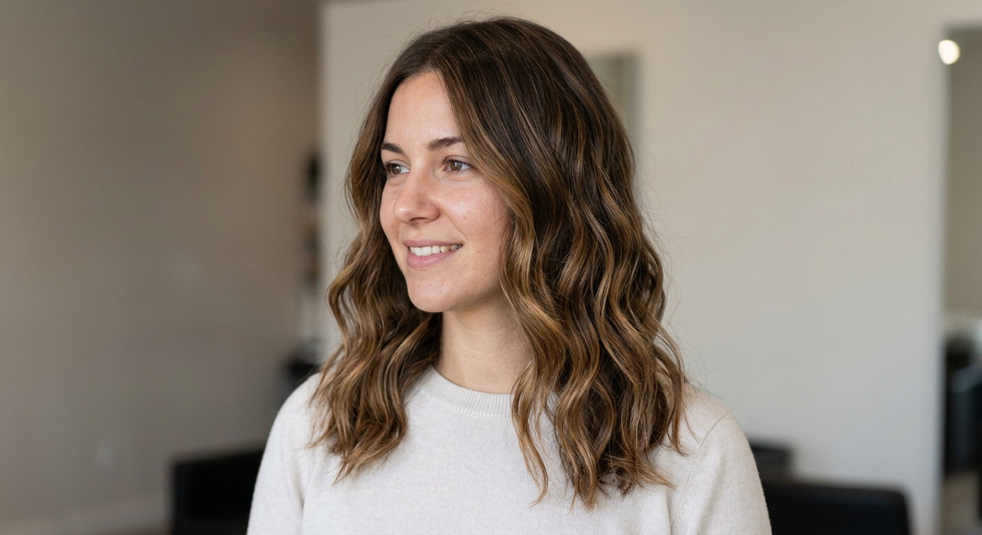 Medium-length brunette hair with warm caramel balayage, a center part, and softly defined waves.