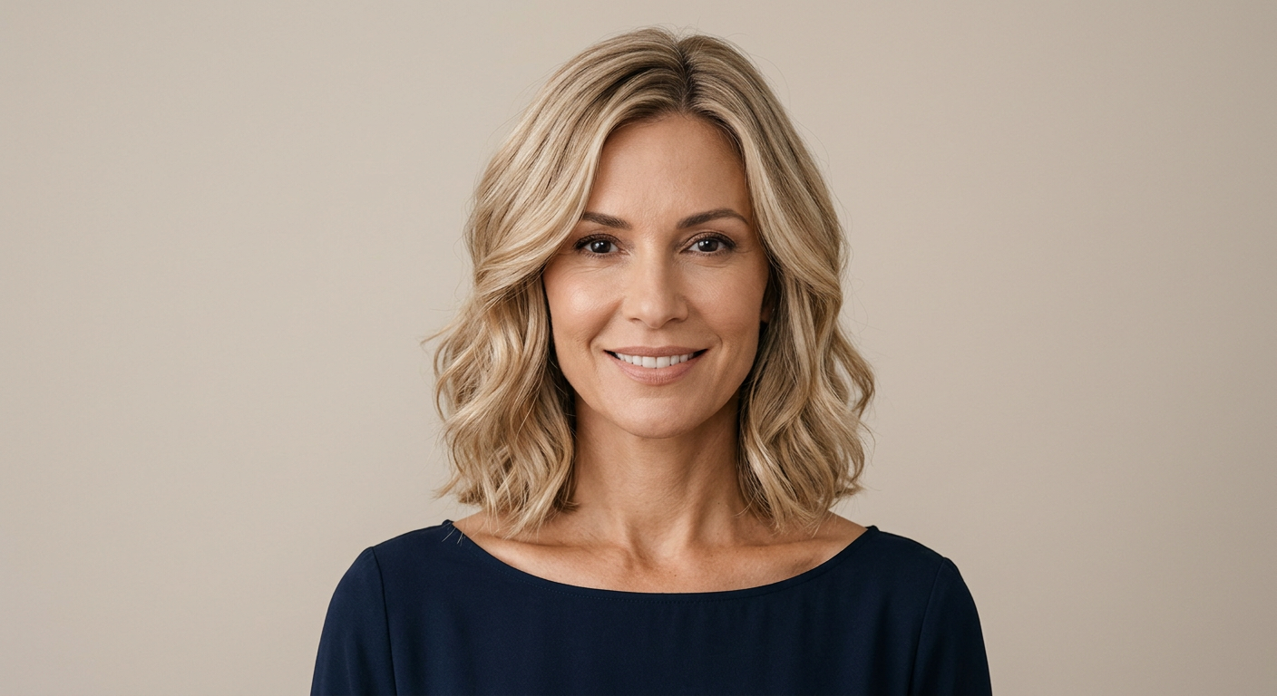 Front view of a medium-length beige blonde lob styled in defined waves with a center part and softly shaped ends.