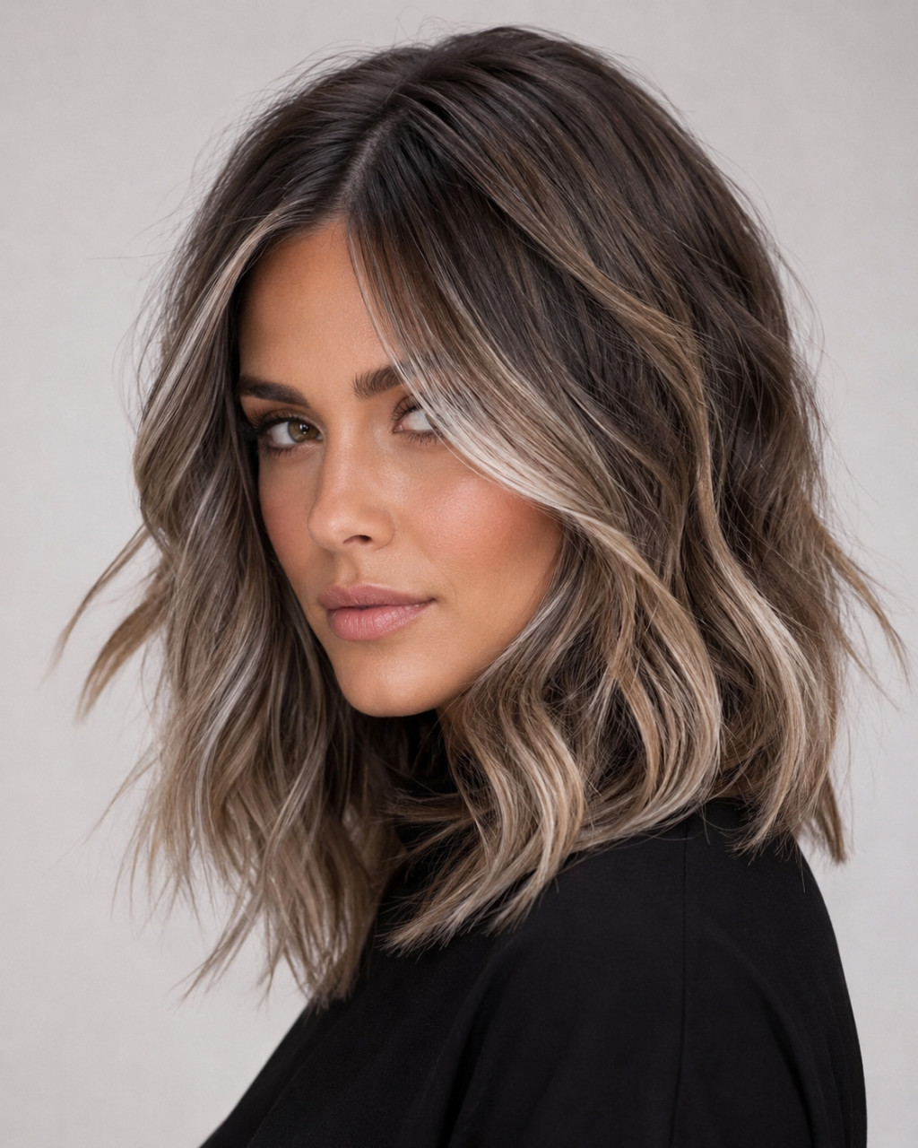 Shoulder-length brunette hair styled in loose waves with cool ash blonde balayage and bright face-framing ribbons.