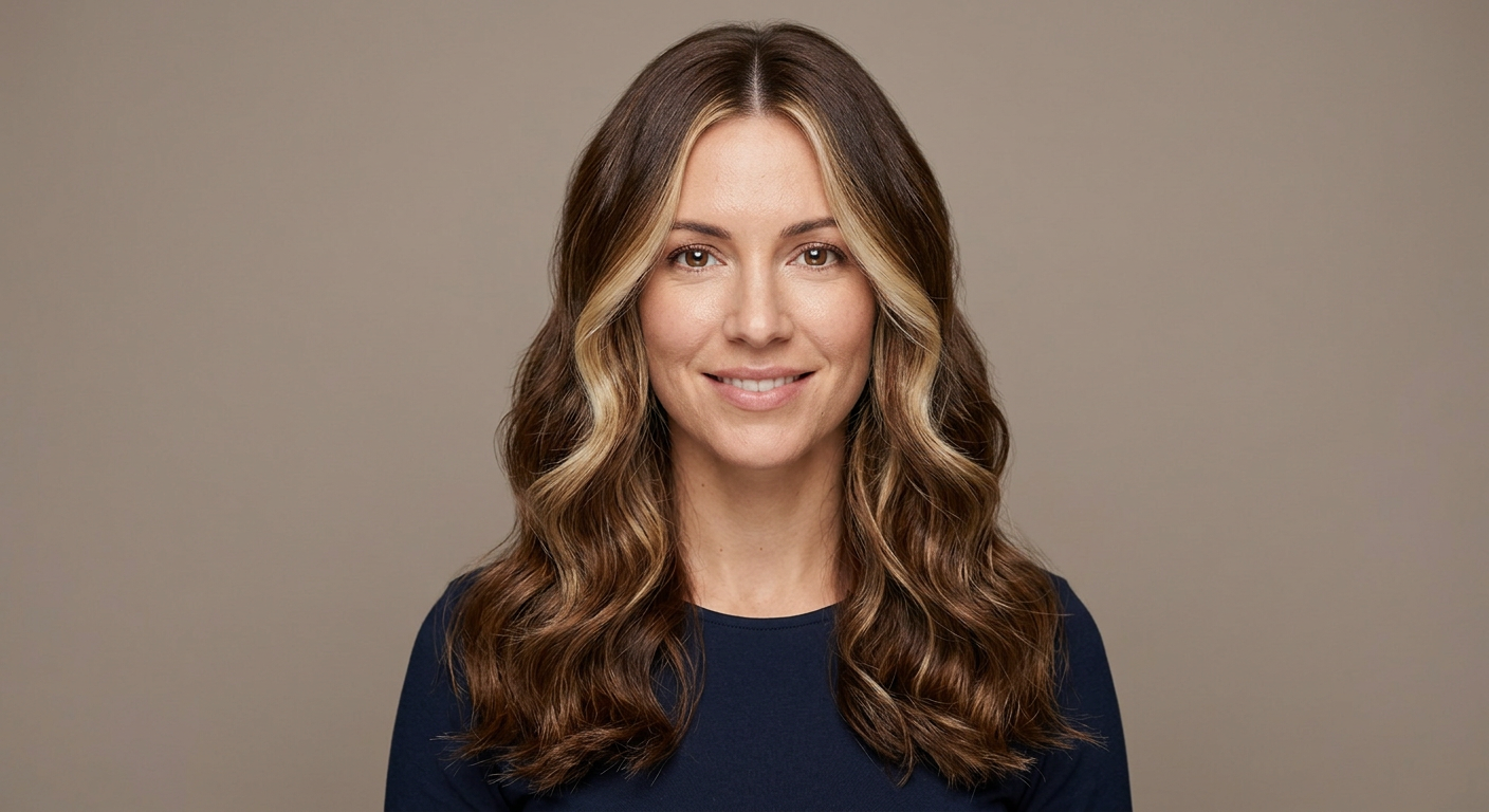 Long wavy brunette hair with a center part and bright blonde balayage pieces framing both sides of the face.