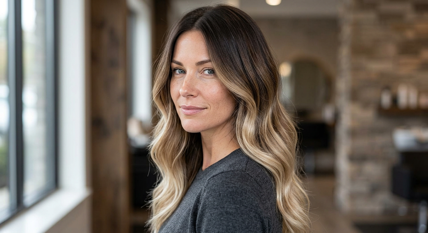 Long center-parted waves with brunette roots transitioning softly into beige blonde mid-lengths and ends.
