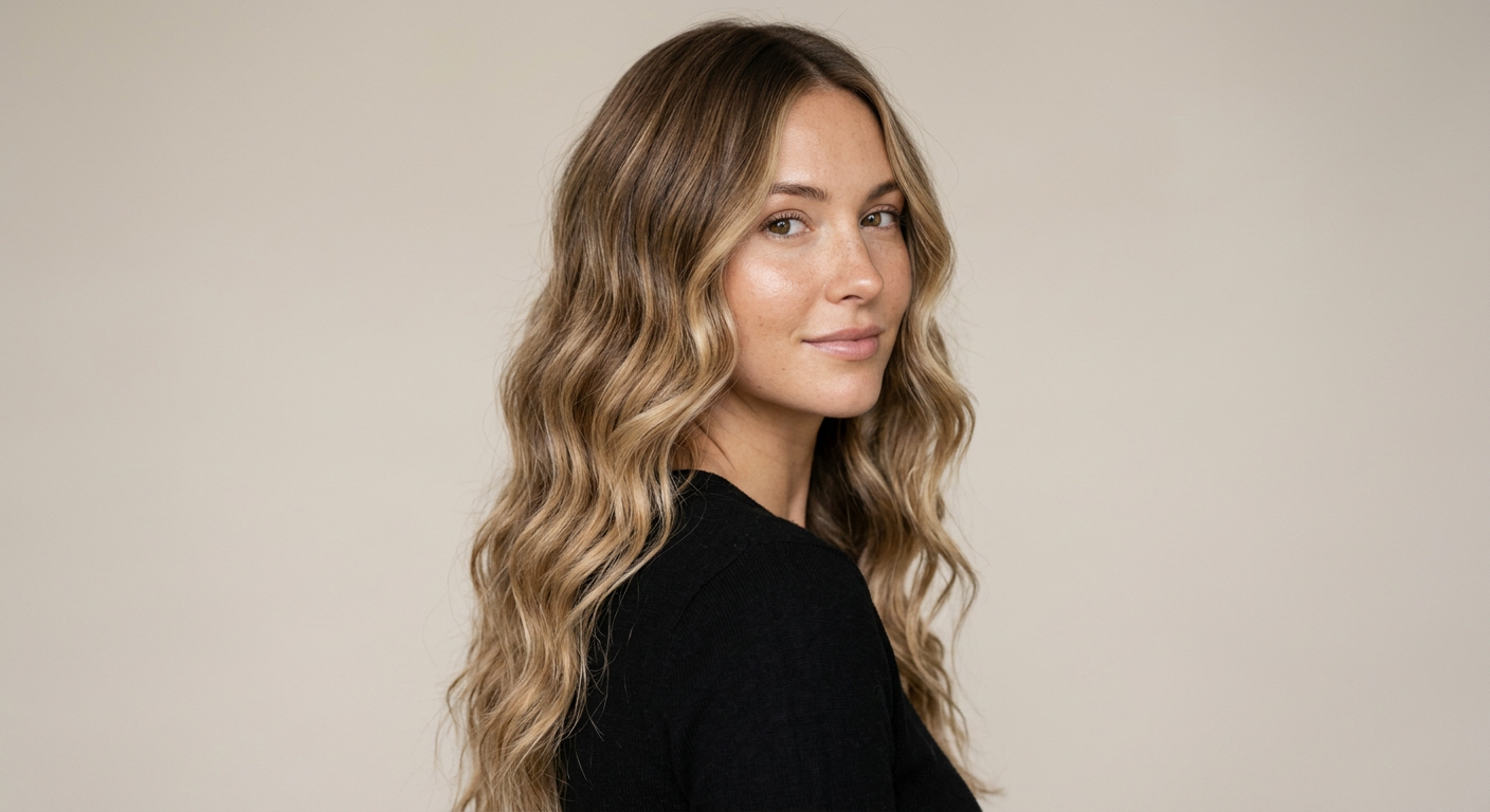 Natural bronde balayage on medium-length wavy hair with darker roots, lighter ribbons and a center part.
