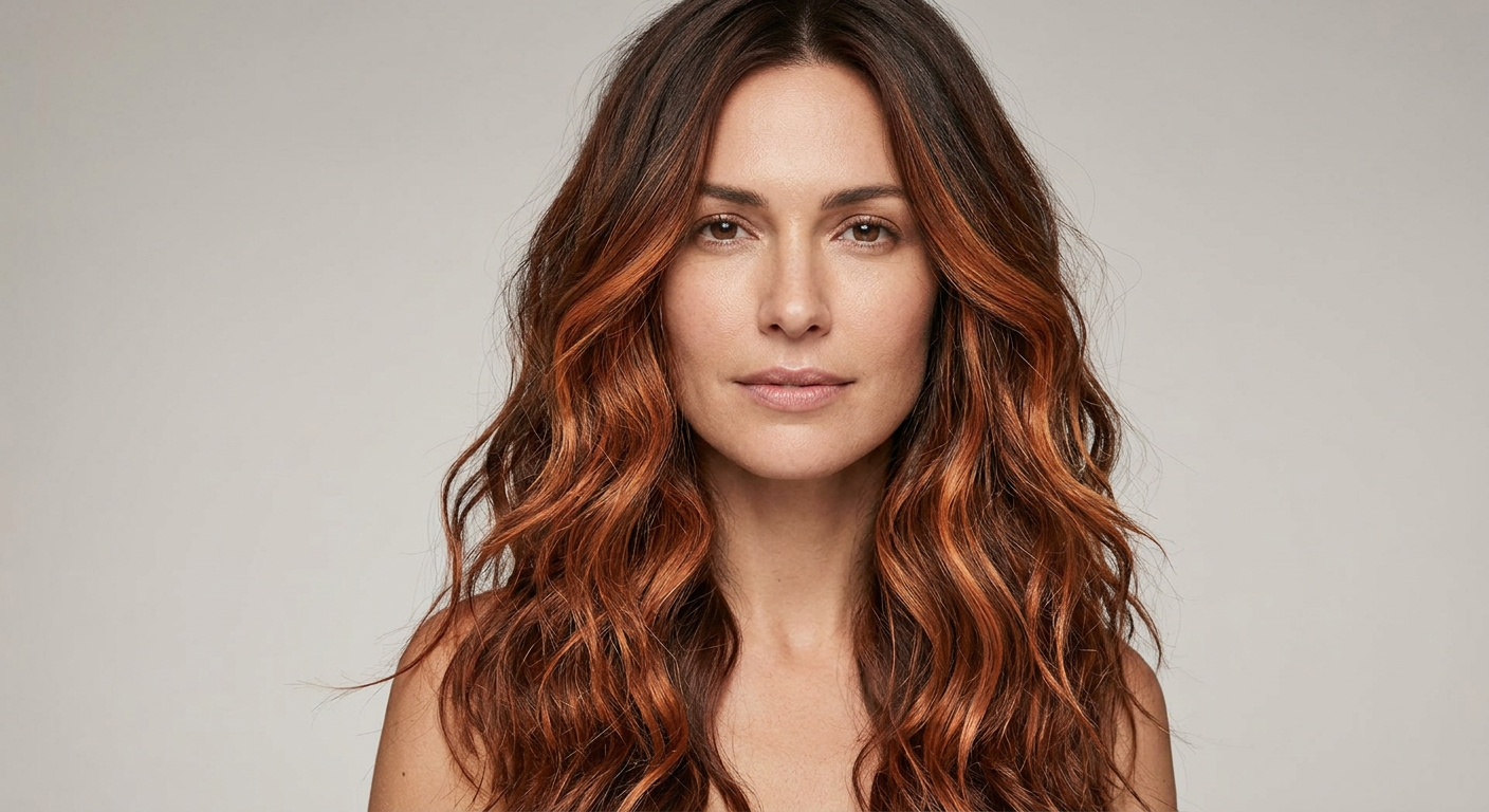Long brunette hair with warm copper balayage, a center part and loose waves highlighting the dimensional color.