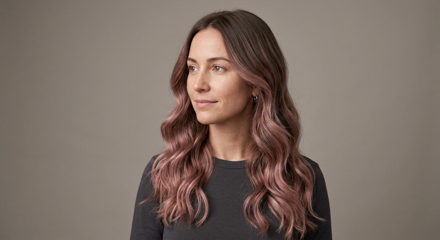 Medium-length wavy hair with rose brown balayage, darker roots, a center part, and loose defined waves.