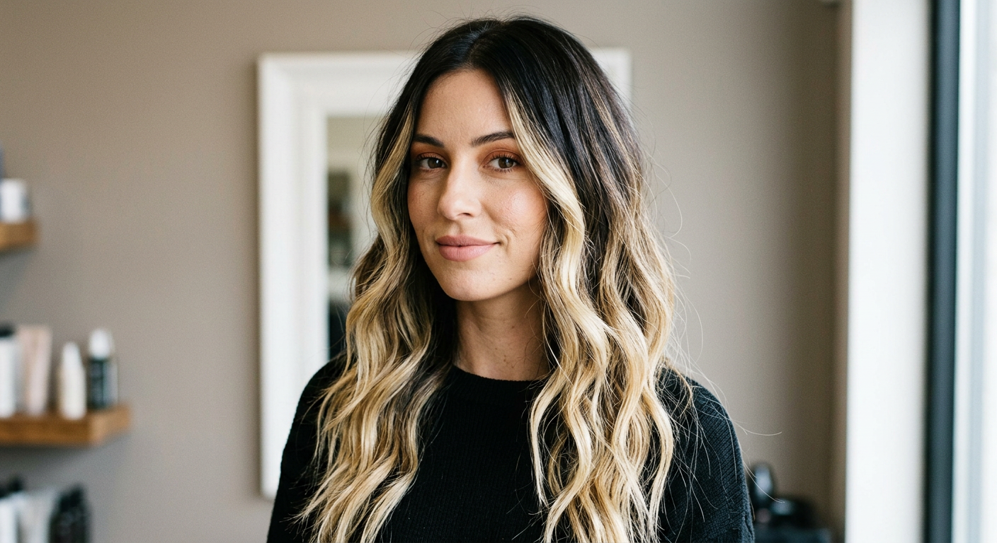 Long dark brunette waves with bold blonde balayage ribbons, a center part, and high-contrast face-framing sections.