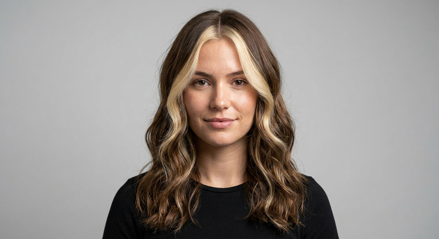 Long wavy brunette hair with blonde balayage, bright money-piece highlights and lighter face-framing front sections.