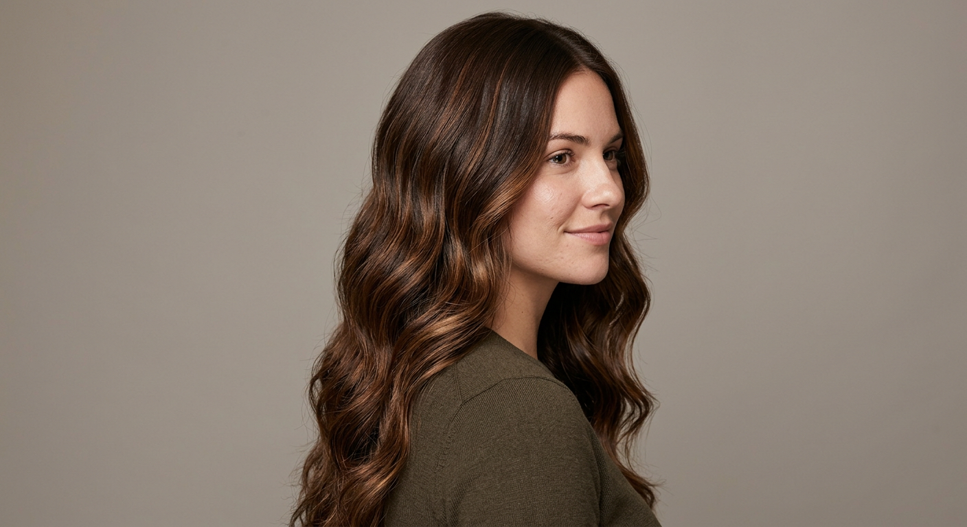 Long wavy chocolate hair with warm caramel balayage, rich tonal contrast and a centered part.