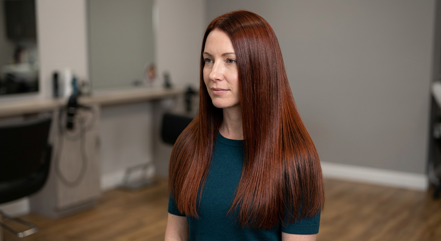 Long dark copper hair worn loose, with a smooth finish and gentle wavy texture through the rich red-copper lengths.