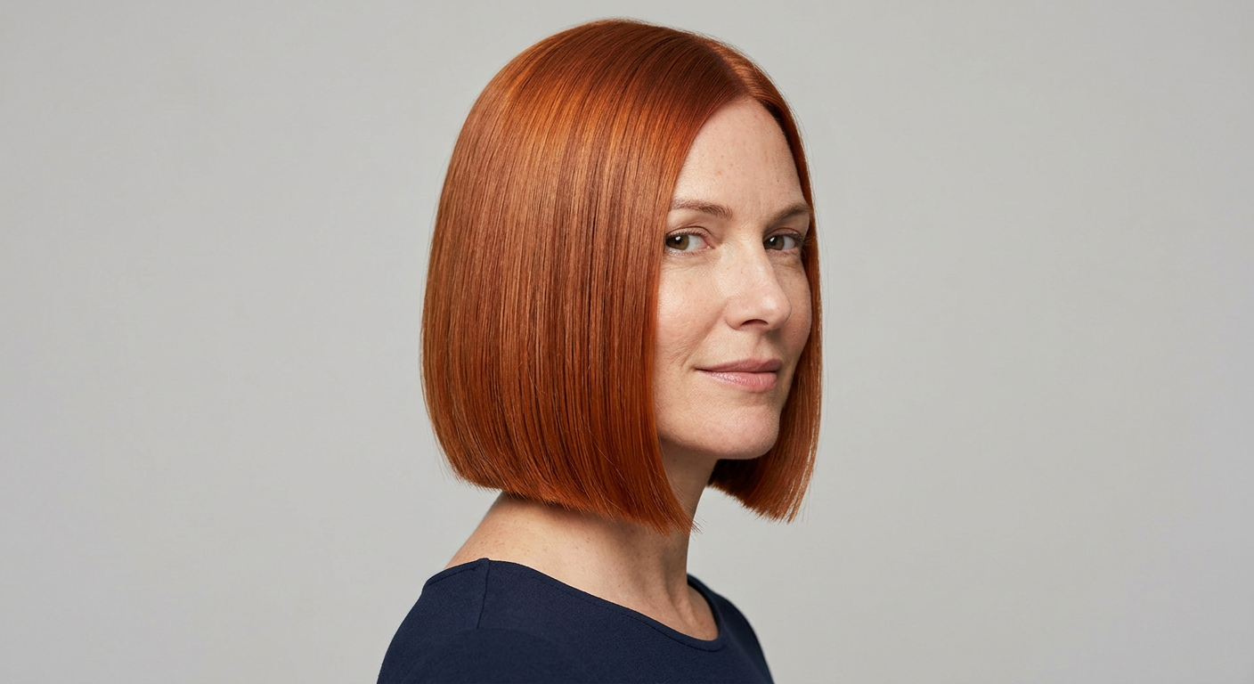 Short vibrant copper bob with softly wavy texture, a sleek finish, chin-length outline, and gently curved ends.