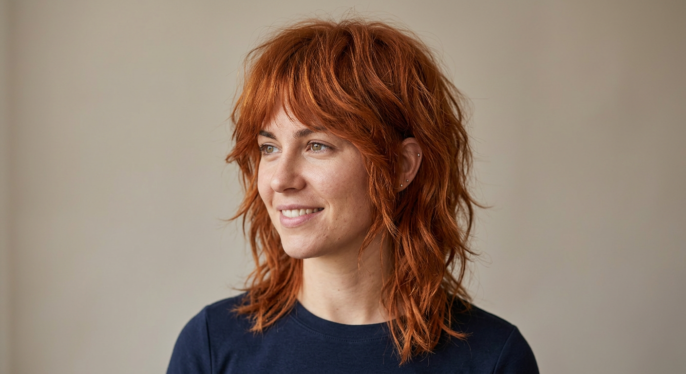 Three-quarter view of a medium copper shag with tousled waves, textured layers and piecey bangs around the face.