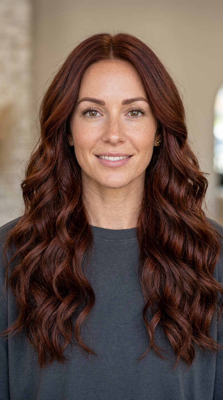 Long wavy auburn hair with a rich red-brown tone, loose flowing waves and a defined center part.