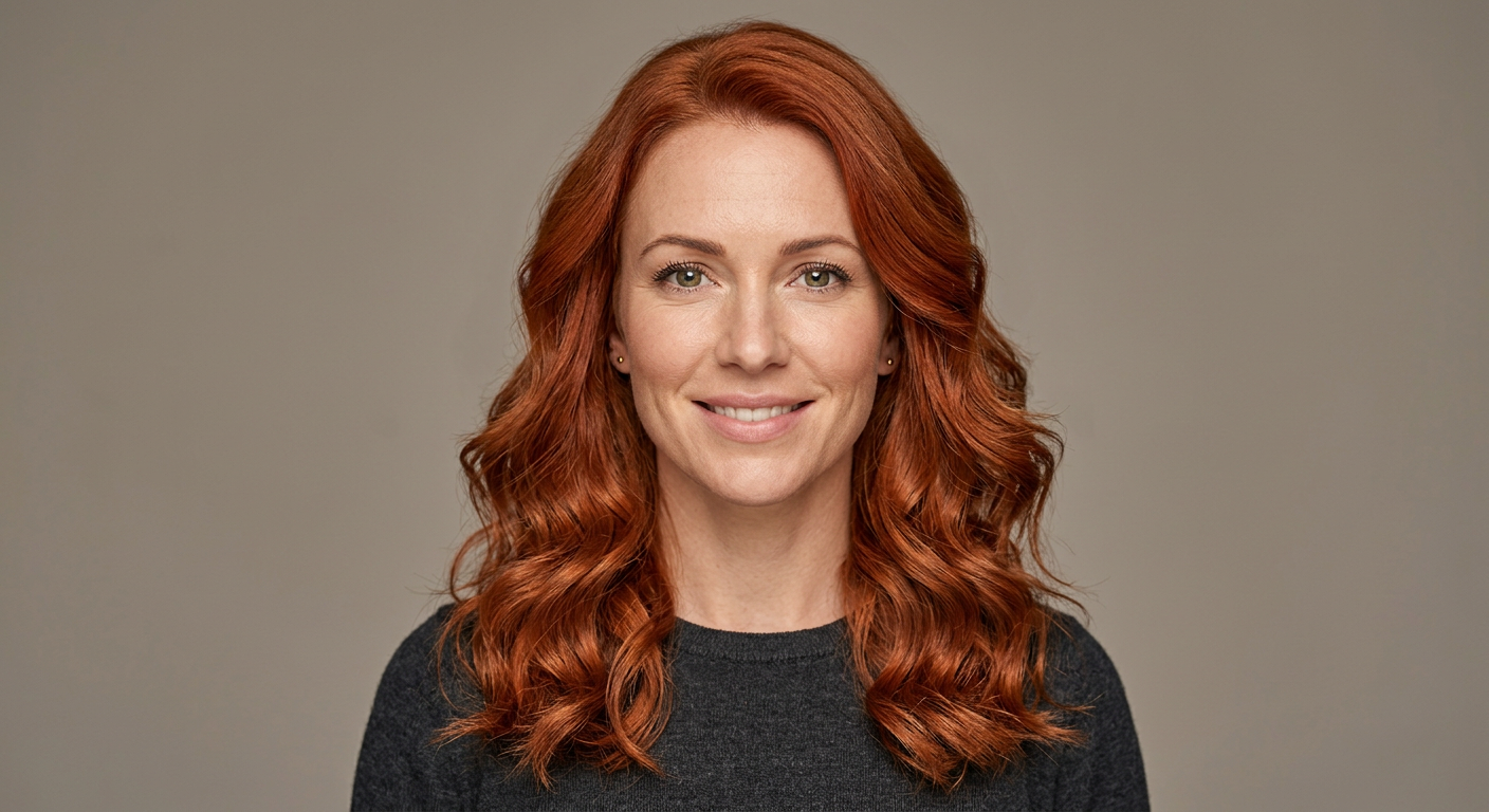 Front-view portrait of long warm red hair styled in defined waves, with dimensional tonal variation throughout the lengths.